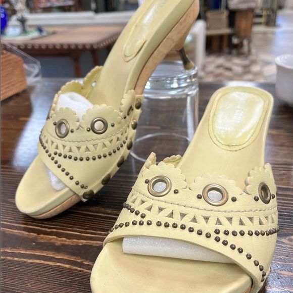 Miu Miu Pale Green  Leather & Wood Kitten Heel Slides - 37.5  -Prada - Picture 2 of 7